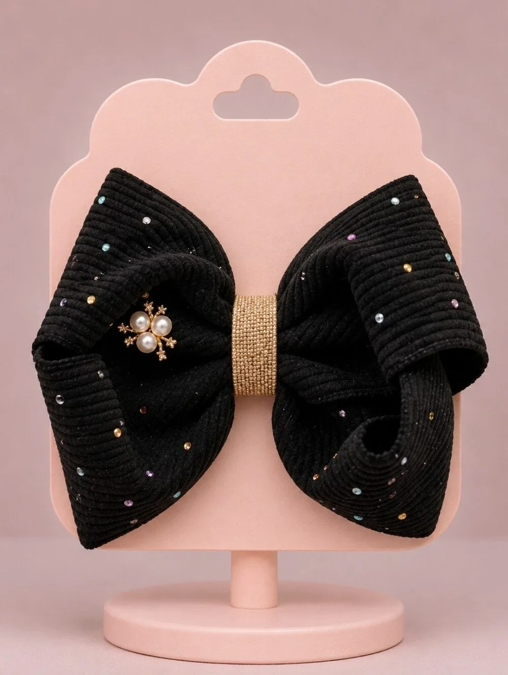 ⭐Handmade Bow Black Boutique Hair Bow with Pearl Cluster